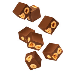  Levitating Cubes of milk chocolate bar with hazelnuts isolated on white background. Flying Chocolate candies close up.