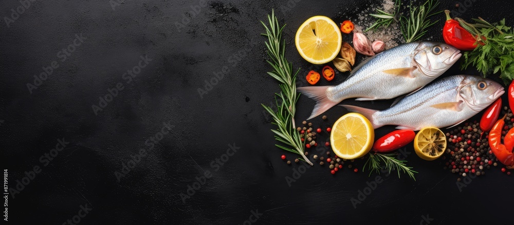 Poster Fresh dorado fish and cooking ingredients displayed on a black slate table from a top view perspective showcasing a copy space image.