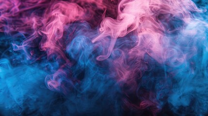 Close-up of colorful pink and blue smoke blending artistically on a black surface, ideal for backgrounds or artistic concepts