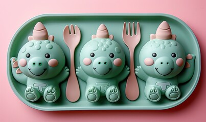 empty green dinosaur shaped kids plate, utensils on a pink background.stock photo