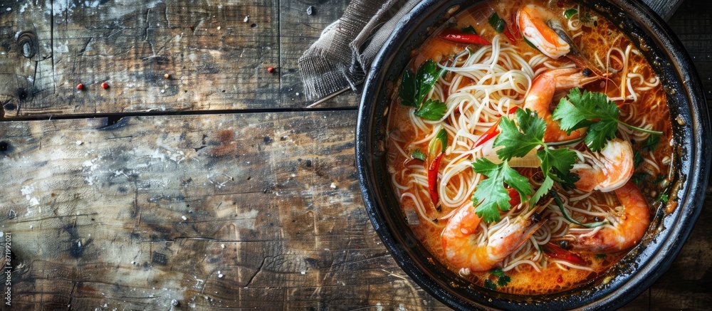 Poster top view of a delectable spicy seafood noodle soup on a wooden backdrop with ample copy space image.