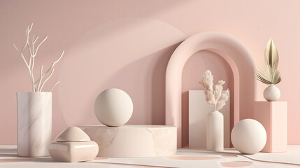 3d scene with abstract ball and pink background with white marble and vase. 3d render in the modern style.