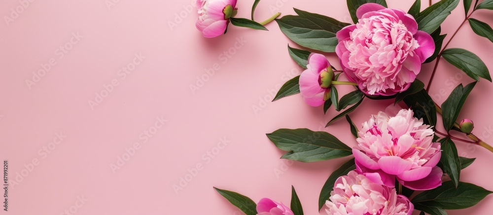 Poster Peony flowers and green leaves arranged on a soft pink backdrop create a greeting card theme featuring a copy space image.