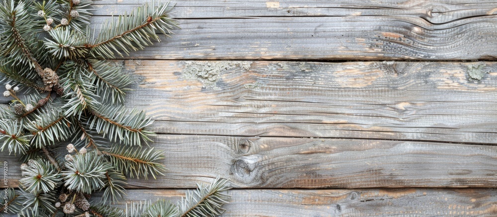 Poster Fir tree branches on aged wooden surface create a festive Christmas backdrop with a distressed wood texture, ideal for text placement in images.