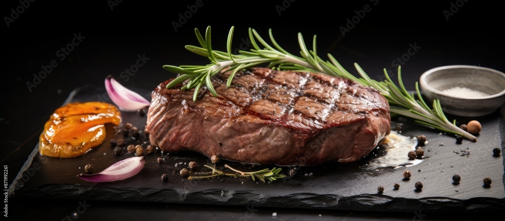 Poster a ribeye beef steak adorned with rosemary and marinated onion on a sleek black stone table, perfect 