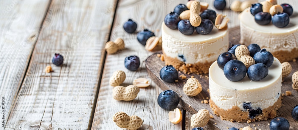 Poster two cheesecakes placed on a light wood background with scattered blueberries and peanuts, suitable f