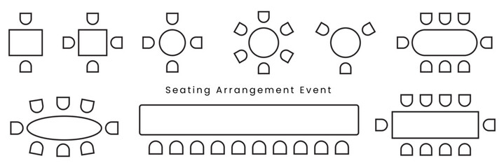 Table Seating Arrangement Icons for an Event and conference. Chairs and tables sign