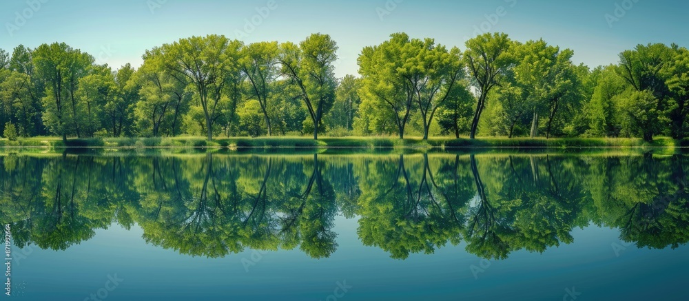 Aufkleber A serene summer scene of trees mirrored in a lake with copy space image available.