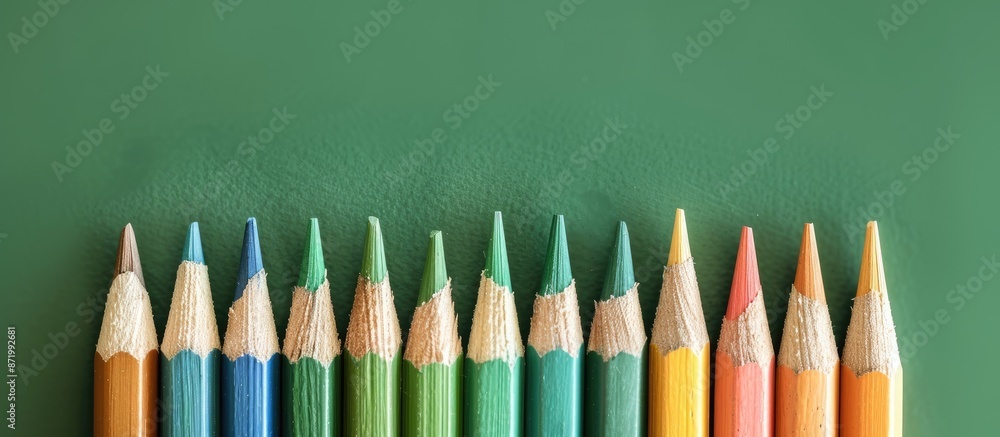 Poster wooden pencils with colored points are arranged in a row on a green background producing a vibrant a