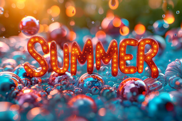 "SUMMER" in a playful, bubble font on a bright orange background