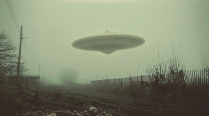 Fototapeta premium A blurry, grainy photo of an alien flying saucer hovering over the ground in the distance
