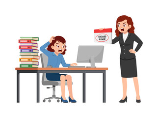 woman employee sit in desk working on office with computer, boss standing angry
