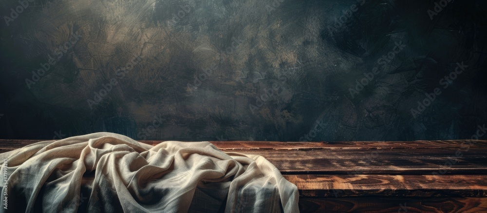 Poster tablecloth draping wooden table with copy space image.
