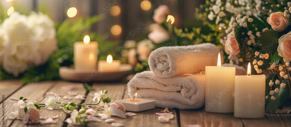 Poster a serene spa arrangement displayed on a wooden surface with glowing candles, fresh flowers, and a de