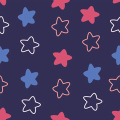 Flat and doodle stars cute hand drawn seamless vector pattern. Fun cosmic theme. Kawaii background for kids room decor, nursery art, fabric, wallpaper, wrapping paper, apparel, textile, packaging.