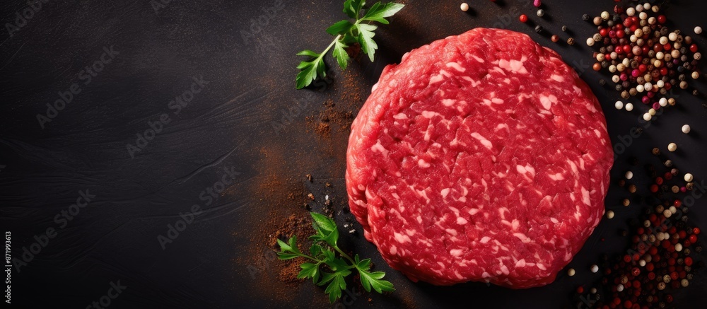 Poster raw beef burger patty seasoned for cooking with a minced red meat cooking background in a top view c