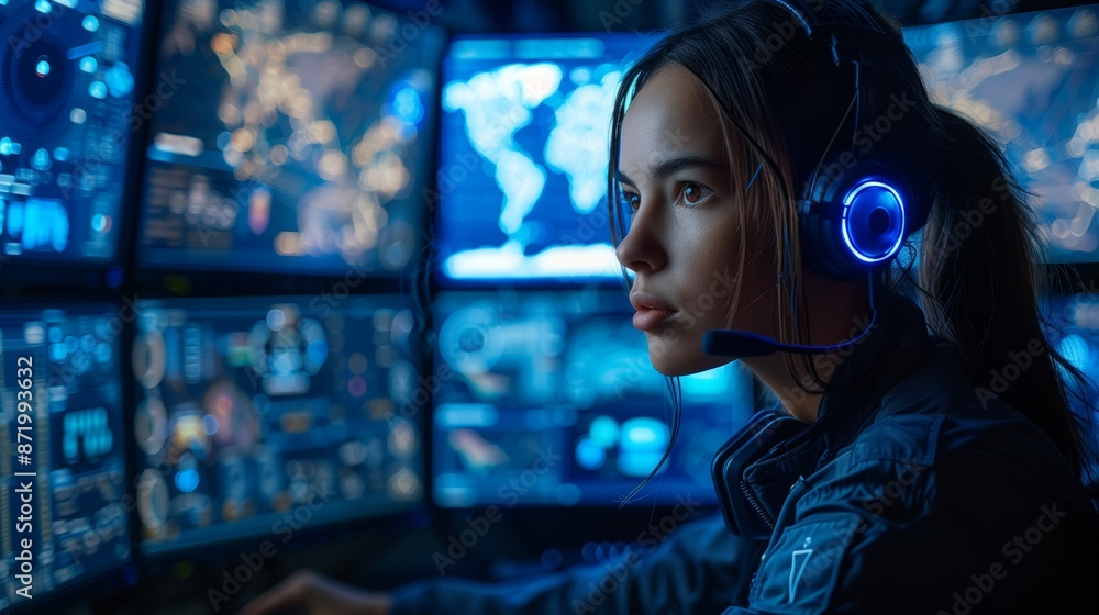 Poster A woman wearing a headset and looking intently at a bank of computer monitors displays data and graphs, likely monitoring security systems at night.