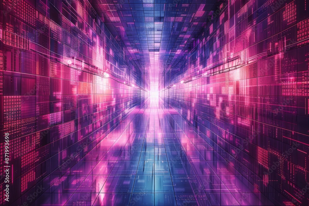 Poster futuristic data center glowing pink lights high tech server room digital network advanced technology