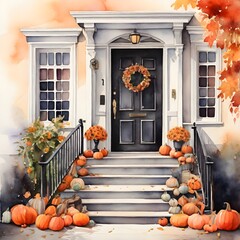 Naklejka premium There is a painting of a front door with pumpkins and leaves generative ai