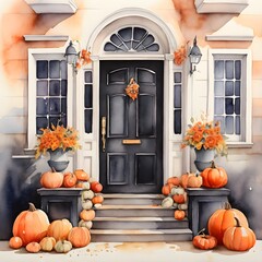 Naklejka premium There is a painting of a front door with pumpkins and leaves generative ai