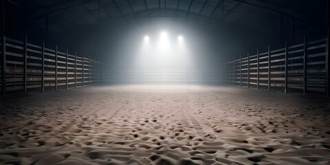 Rodeo arena with sandy horse paddock wooden fences and spotlight. Concept Rodeo Arena, Sandy Horse Paddock, Wooden Fences, Spotlight Lighting