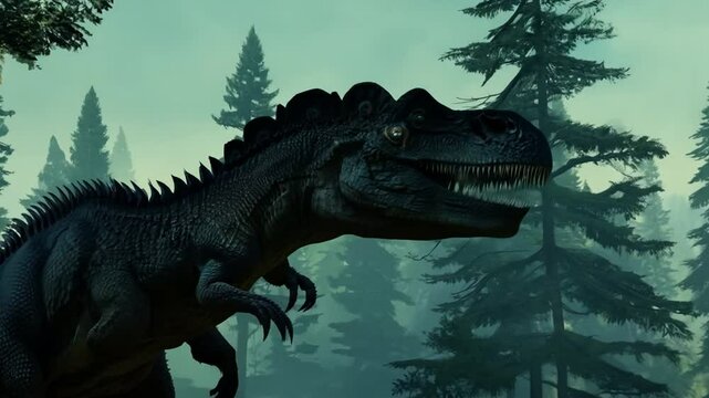 Dinosaur in a Foggy Forest Generative AI