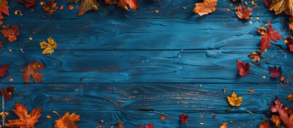 Poster rustic blue wooden table adorned with vibrant fall maple leaves, ideal for thanksgiving holidays. to