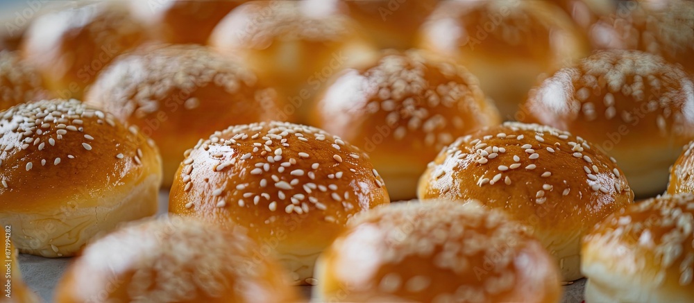 Poster Many small buns topped with sesame seeds were displayed in the copy space image.