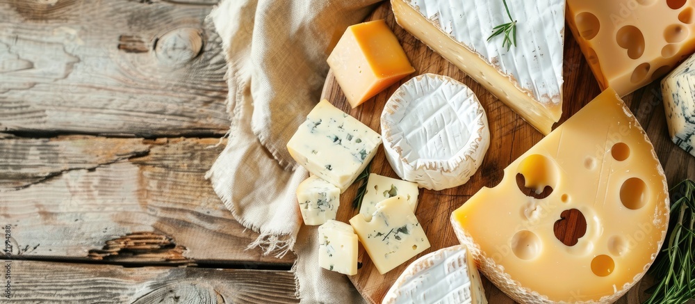 Poster Top-down view of cheese on a cutting board with ample space for additional images.