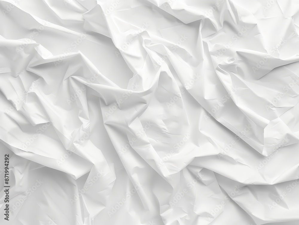 Poster top view of a crumpled white fabric texture in soft waves against a plain white background