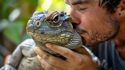 Man Cradling and Planting a Gentle Kiss on his Scaly Reptilian Companion in a Minimalist Setting