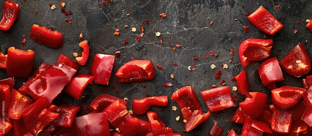 Poster Close-up of red pepper pieces on a dark backdrop, with empty space for additional images.