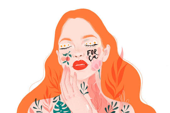 Mulher, for&ccedil;a, espiritualidade, representatividade, minimalista, natureza, flores, ess&ecirc;ncia, hol&iacute;stico, banner, dia da mulher, m&iacute;stico, folhas, beleza, ruiva, inspirador, saud&aacute;vel, alegre, capa
