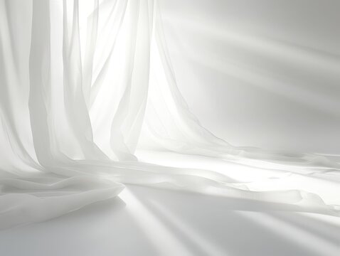 White silk fabric with flowing drapes, draped elegantly against a white background, creating an atmosphere of softness and tranquility