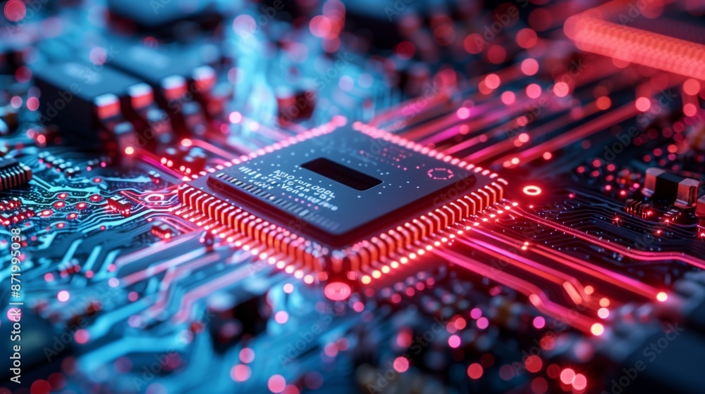 Poster Close-up photo of computer chip on circuit board, with red LEDs lighting up complex circuitry. Chip is central surrounded by glowing lines.
