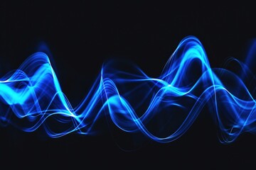 Blue sound wave on black background, sound spectrum concept. Abstract blue wavy line of music, audio equalizer, night light effect. Light painting