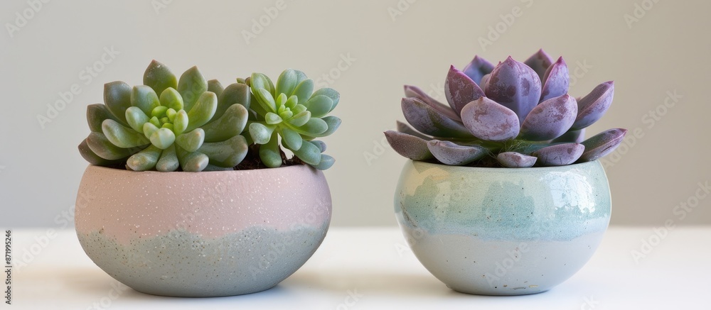 Poster Two unique mini succulents exhibit distinct personalities. The plants' sleek bends and delicate breaks offer a visually appealing dynamic to the copy space image displayed.