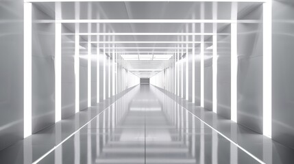 Obraz premium A long white futuristic corridor with shiny reflective floor, minimalist style, symmetrical composition