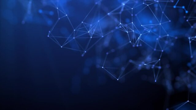 Looped plexus on a blue background. Abstract neon connection of dots and lines on a dark background. Blue particles and polygons slowly fly, futuristic interweaving of digital data. Neural networks