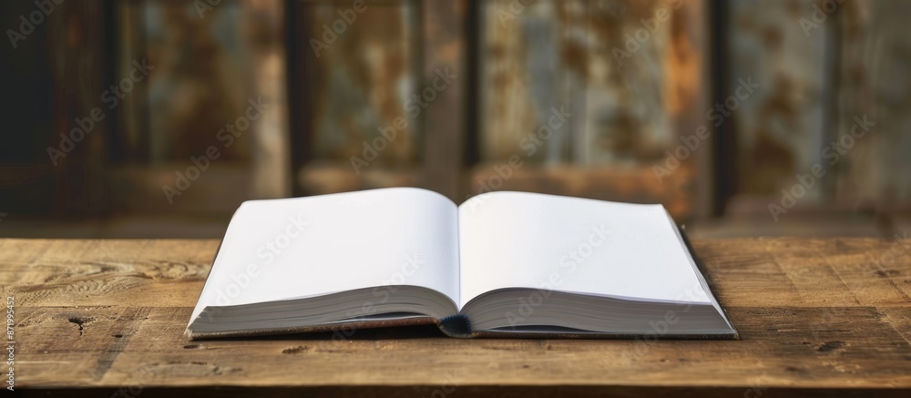 Poster wooden table displaying a notepad with empty white pages, offering ample copy space image.