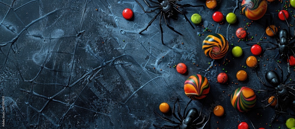 Aufkleber an aerial view of a halloween-themed background adorned with spiders, candy, and ample copy space im