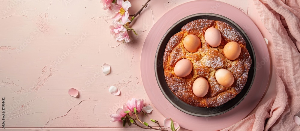 Poster top view of a traditional spanish easter cake, known as mona de pascua, featuring boiled eggs inside