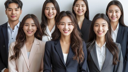 Fototapeta premium whole body, a group of good-looking Asian businesspeple in modern office, They are smiling with confidence, isolated on white background, captured with [a Nikon D850(camera)] and [a Nikkor 24-120mm f/