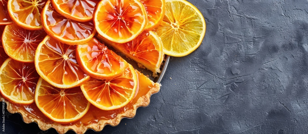 Poster An orange tart with caramelized slices on a gray backdrop, offering room for text or additional images. Top view of the citrus dessert.