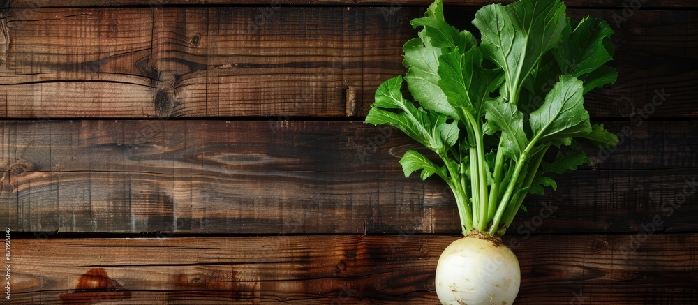 Poster a turnip is illuminated by soft side lighting on a dark wooden backdrop, suitable for a copy space i