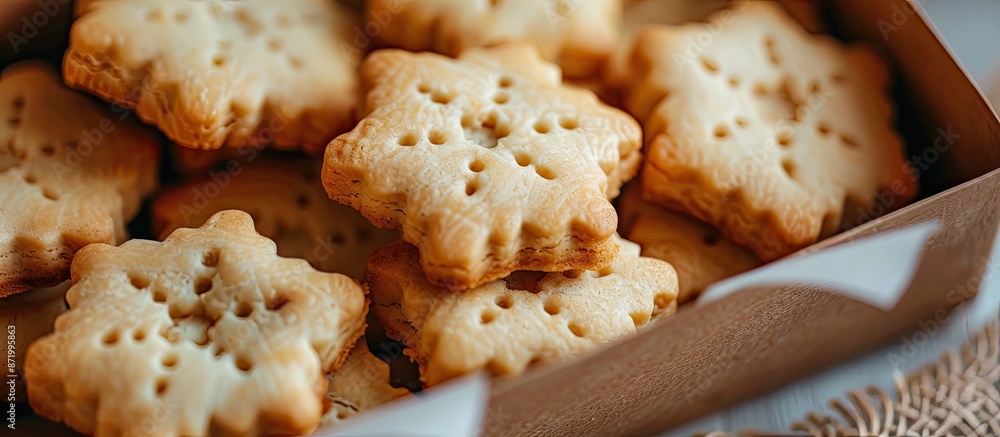 Poster Close-up of shortbread cookies in a box, serving as a background for copy space image.