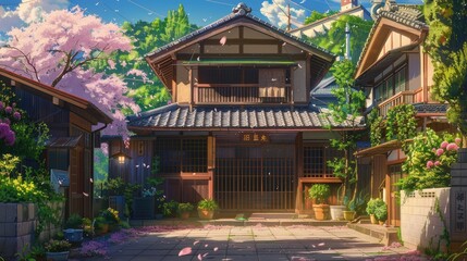 Obraz premium Cozy anime street scene featuring a charming, quaint house with traditional Japanese architecture and a peaceful vibe