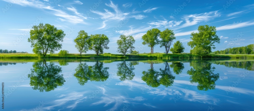 Poster A serene summer scene of trees mirrored in a lake with copy space image available.