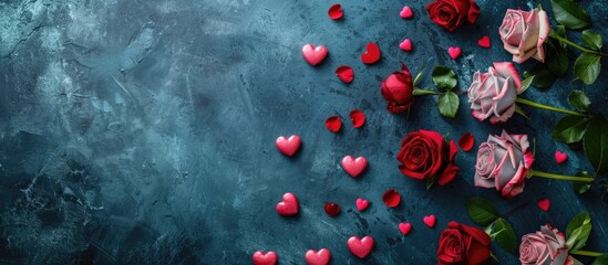 Creative top view composition with Valentine's Day roses, hearts, and a natural background, ideal for text placement in a flat lay copy space image.