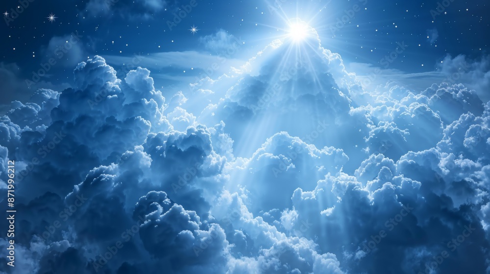 Poster render a dreamy image of clouds forming into a celestial staircase, with steps ascending towards the